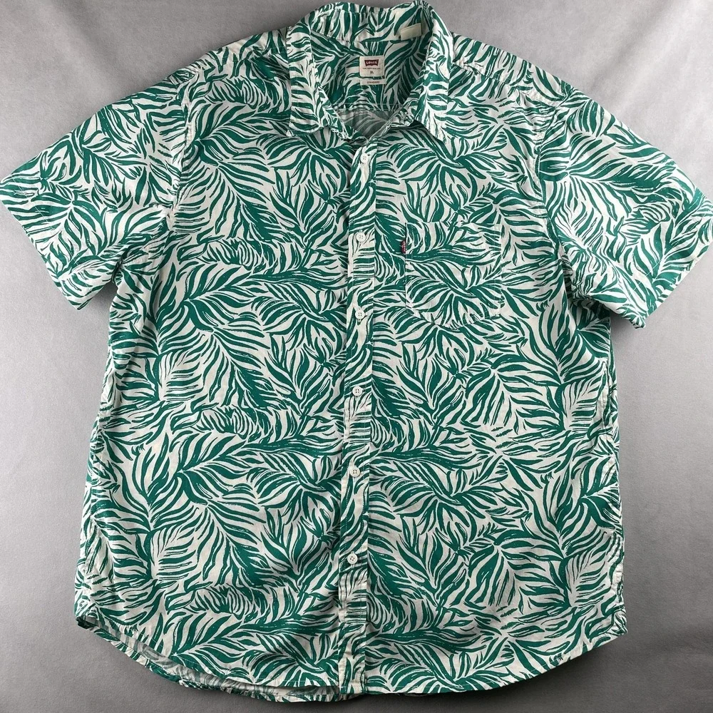Levi's Shirt Mens XL Green White Tropical Palm Leaf Print Short‎ Sleeve Standard